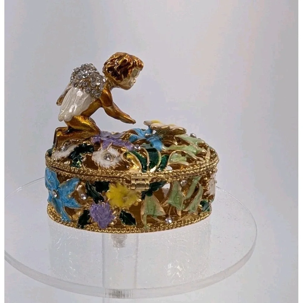Bejeweled Cherub Angel With‎ Butterfly Trinket Box Multicolor